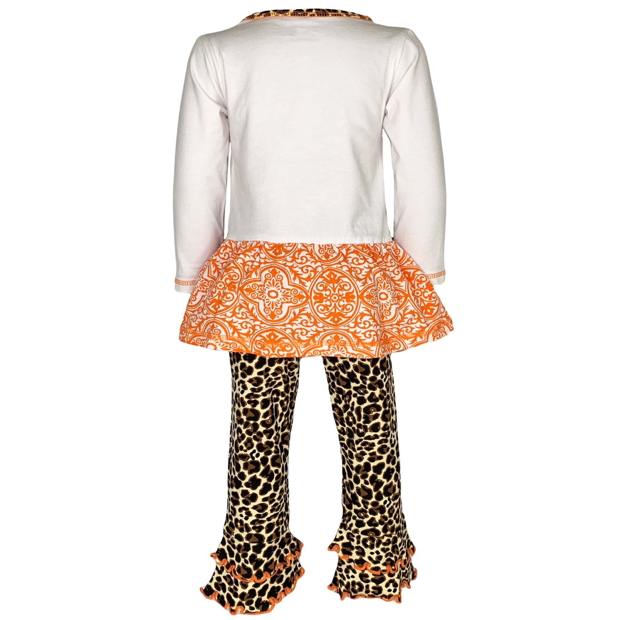 PREPACK AnnLoren Girls Autumn Outfit featuring a pumpkin applique tunic and leopard leggings, perfect for fall and Thanksgiving.